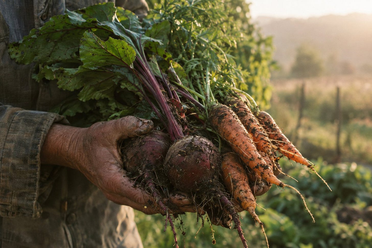 Hands holding freshly harvested vegetables with soil