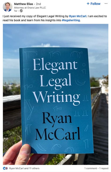 More social media posts and notes about Ryan McCarl's Elegant Legal Writing