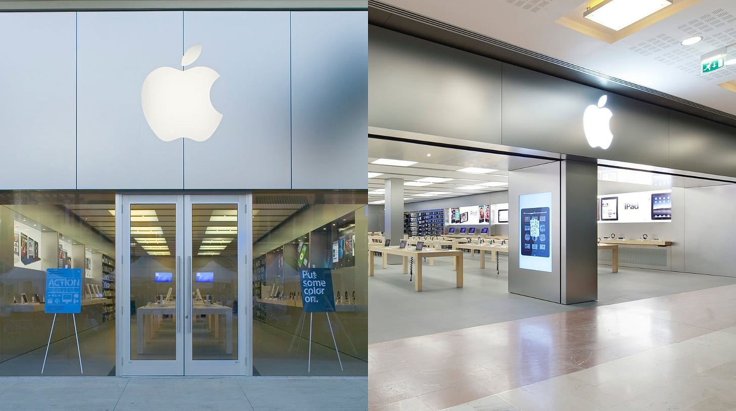 A collage of the hero images for Apple Coconut Point and Apple Vélizy 2.
