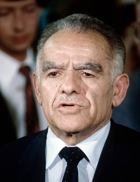 Washington, DC., USA 28th November 1983 Yitzhak Shamir Prime Minister of Israel answers reporters questions after a second meeting with Sec. Shultz....