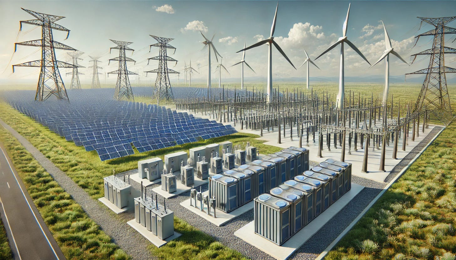 A realistic digital illustration of a modern renewable energy landscape. In the foreground, a large photovoltaic solar farm with rows of solar panels. To the left, a wind farm with several tall wind turbines. In the center, an electrical substation with transformers and transmission lines. To the right, a battery energy storage system designed as 20-foot shipping container-like units, not cylindrical. The scene is set in a clear, sunny rural area with green grass and blue sky. Emphasis on realism and clarity of each component.