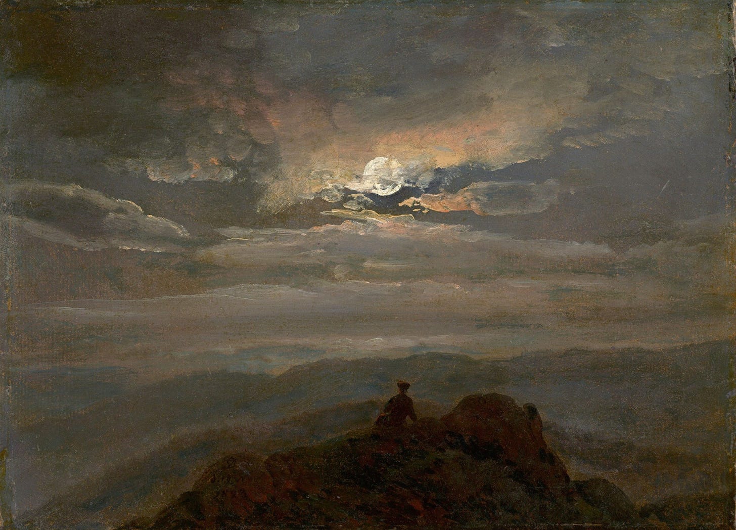 Johan Christian Dahl, Wanderer on a Mountain Top (Landscape in Moonlight) Johan Christian Dahl, Wanderer on a Mountain Top (Landscape in Moonlight)