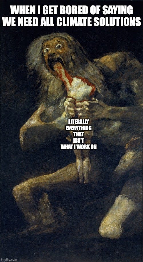 Goya's painting Saturn Devouring His Son. Top text: "WHEN I GET BORED OF SAYING WE NEED ALL CLIMATE SOLUTIONS". The body being devoured is labeled "LITERALLY EVERYTHING THAT ISN'T WHAT I WORK ON".