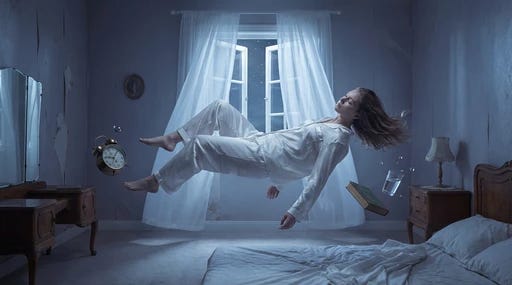 A person floating horizontally in the air above a bed in a dimly lit room