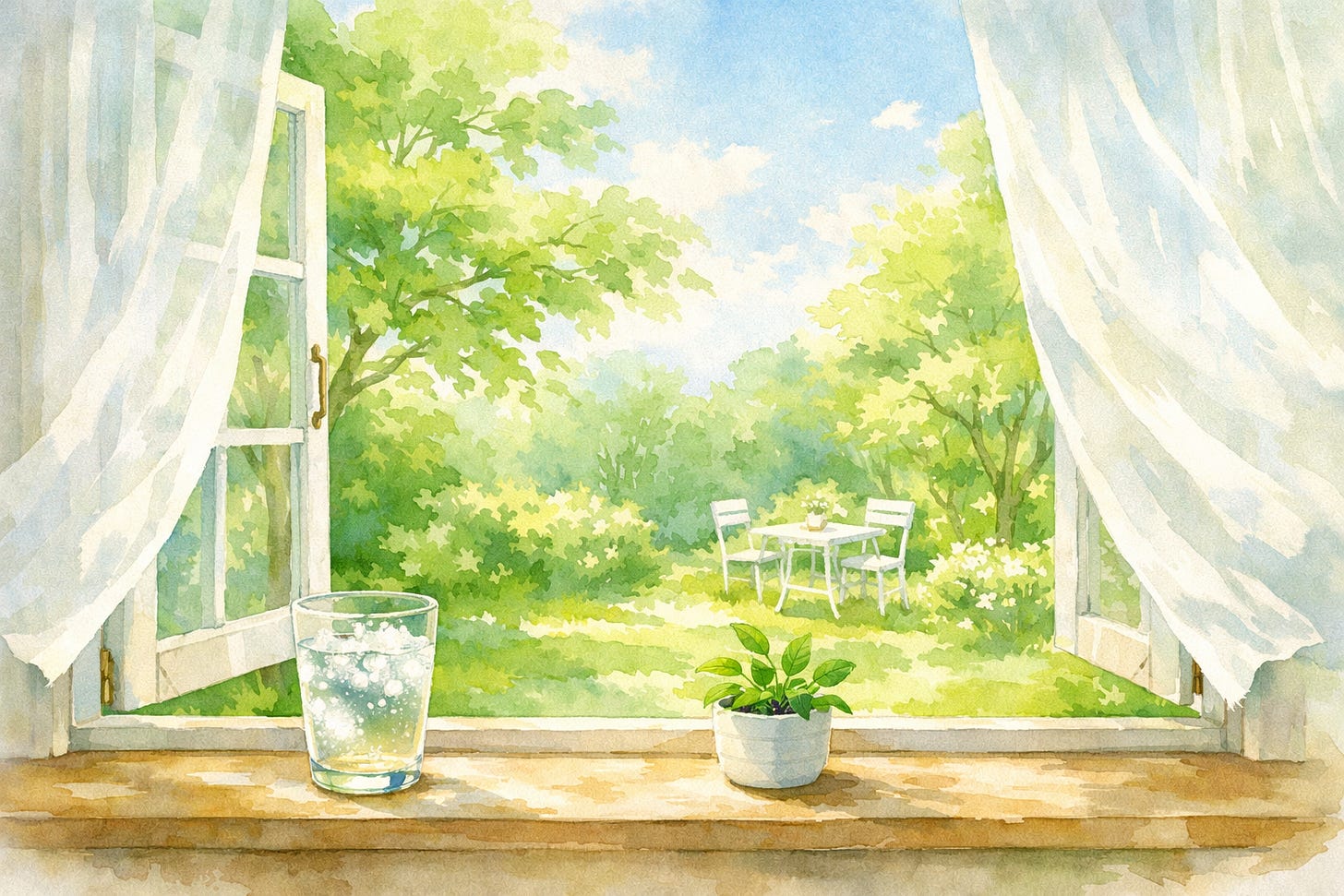 싱그러운 초록이 가득한 7월의 창가 풍경. 새로운 달을 맞이하며 내면의 에너지를 정돈하고 맑게 비우는 개운법(運을 여는 방법)을 상징하는 수채화 삽화입니다.