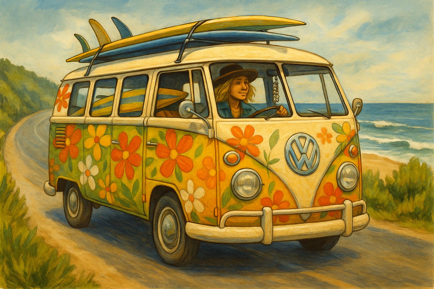 A colorful microbus decorated with flowers drives along a beachside road. A young man with tousled hair grins behind the wheel, surfboards stacked on top, and puka shells hang from the rearview. A colorful microbus decorated with flowers drives along a beachside road. A young man with tousled hair grins behind the wheel, surfboards stacked on top, and puka shells hang from the rearview.