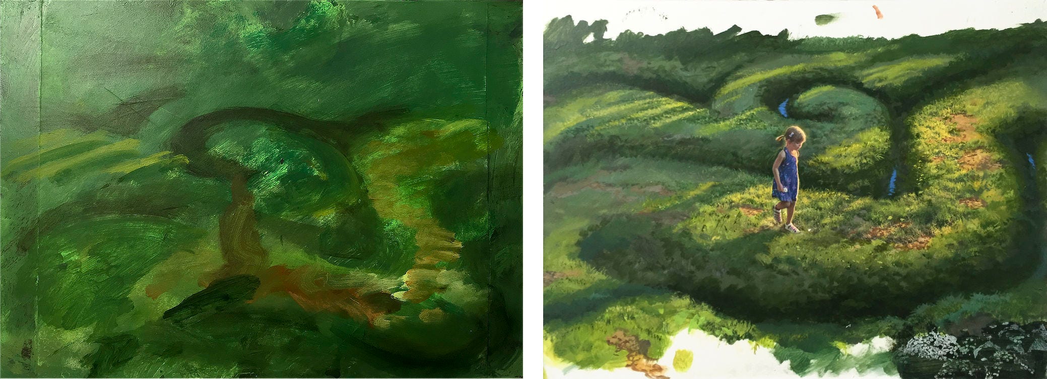 LEFT: Green paint patterns that served as inspiration for PATH. At the center is a dark curving line that meanders down becomes looser brown and wraps around and up forming the basis of a path among the green.  RIGHT: Work in progress photo of PATH featuring the young girl and the detail of the wild grassy path she walks along. Despite the detail and finish, the edges of the surface still show white as the background is incomplete.
