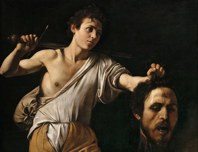 An oil painting of David as a white twink wearing a toga holding the head of Goliath, depicted as a masculine white man