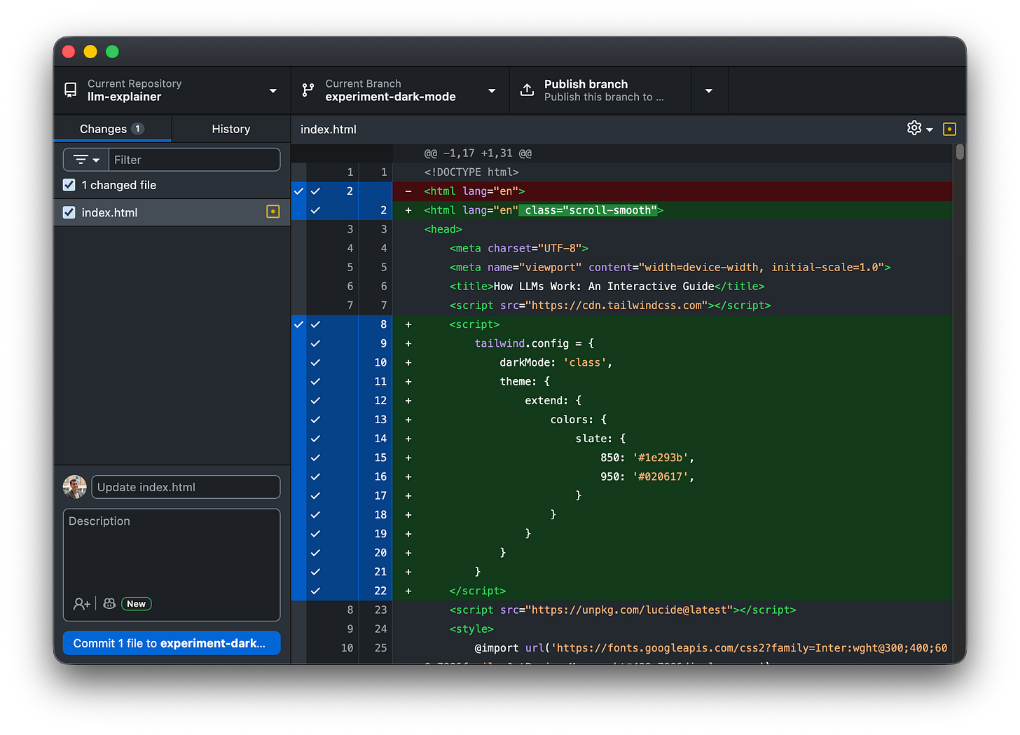 GitHub Desktop showing changes to index.html with green added lines for dark mode script, and the "Commit" button at the bottom.