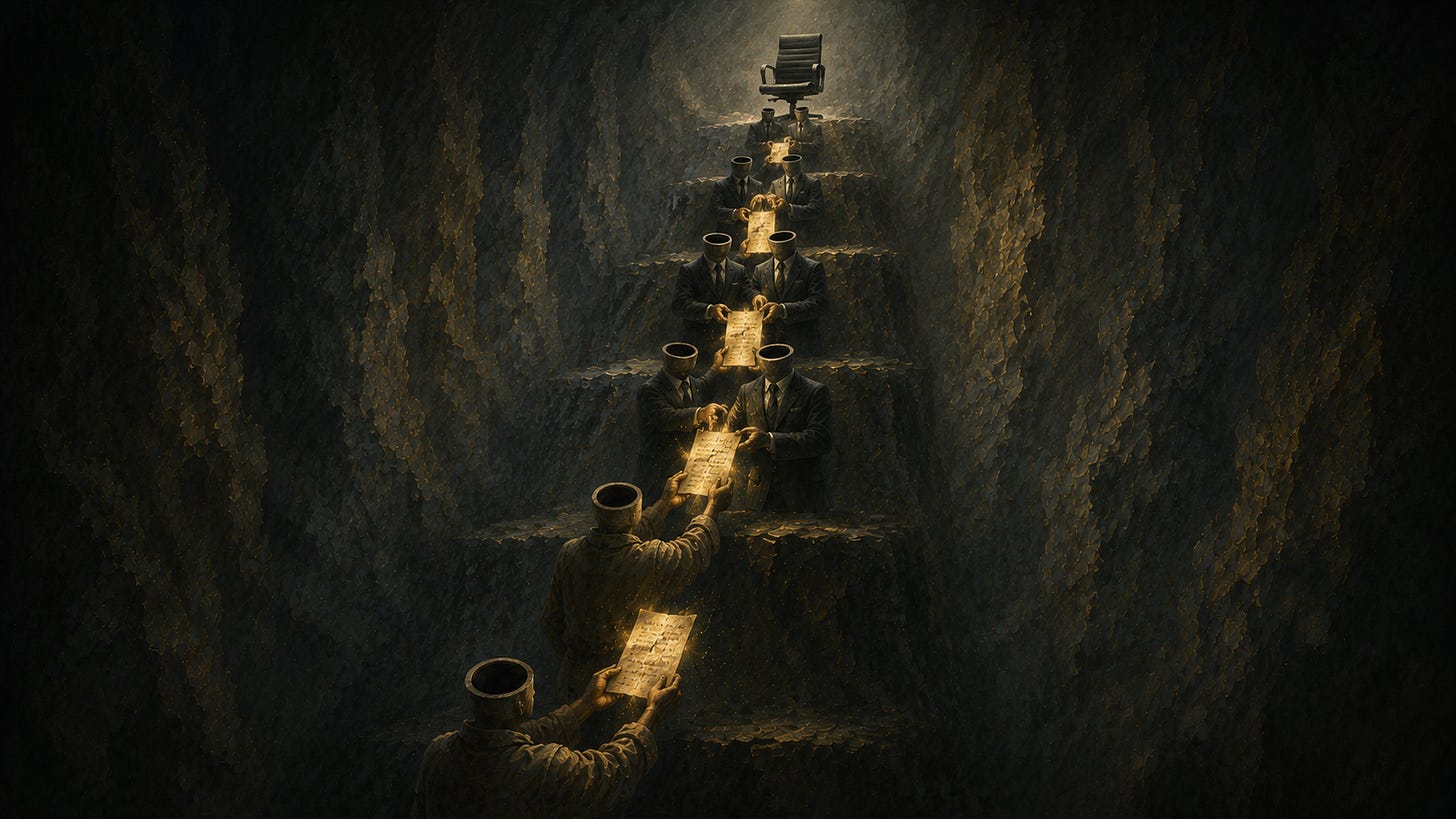In a vast, shadowed stone chamber, a rising chain of hollow-headed figures passes a softly glowing document upward through an organisational hierarchy. Plainly dressed workers at the bottom give way to suited executives higher up, each with the same empty opening where the mind should be. At the summit, the glowing document reaches a simple modern boardroom chair standing empty beneath a narrow shaft of light, while the figures remain unaware that no one is there to receive it. In a vast, shadowed stone chamber, a rising chain of hollow-headed figures passes a softly glowing document upward through an organisational hierarchy. Plainly dressed workers at the bottom give way to suited executives higher up, each with the same empty opening where the mind should be. At the summit, the glowing document reaches a simple modern boardroom chair standing empty beneath a narrow shaft of light, while the figures remain unaware that no one is there to receive it.