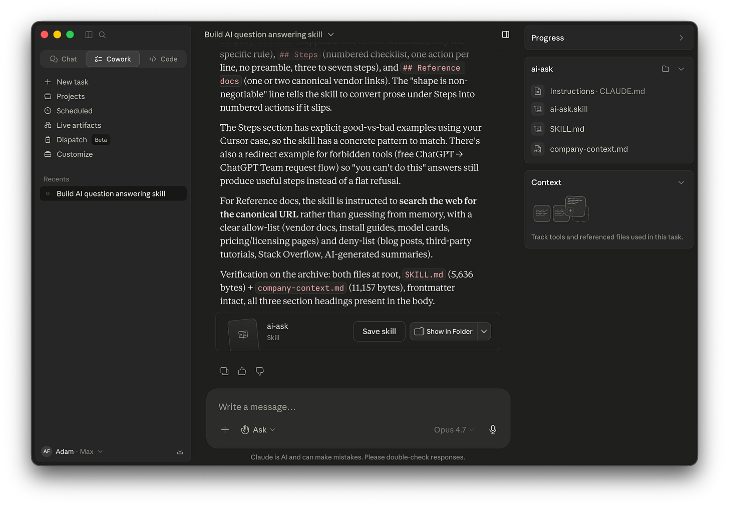 Cowork’s iteration recap describing the new SKILL.md format including a non-negotiable “shape” with three sections, explicit good-vs-bad examples for the Steps section, and an allow-list (vendor docs, install guides, model cards, pricing pages) and deny-list (blog posts, third-party tutorials, AI-generated summaries) for the Reference docs section.