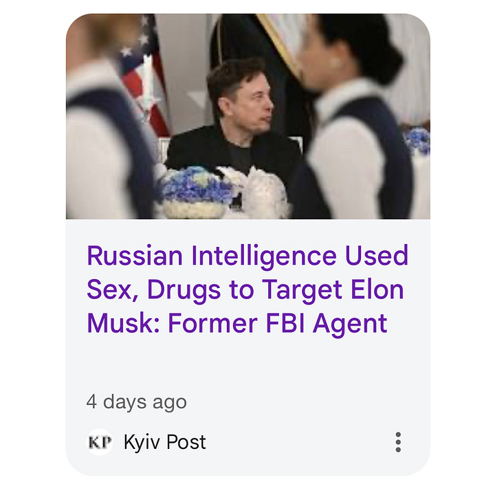 Screencaps of the few articles about Elon Musk being targeted by Russian Intelligence