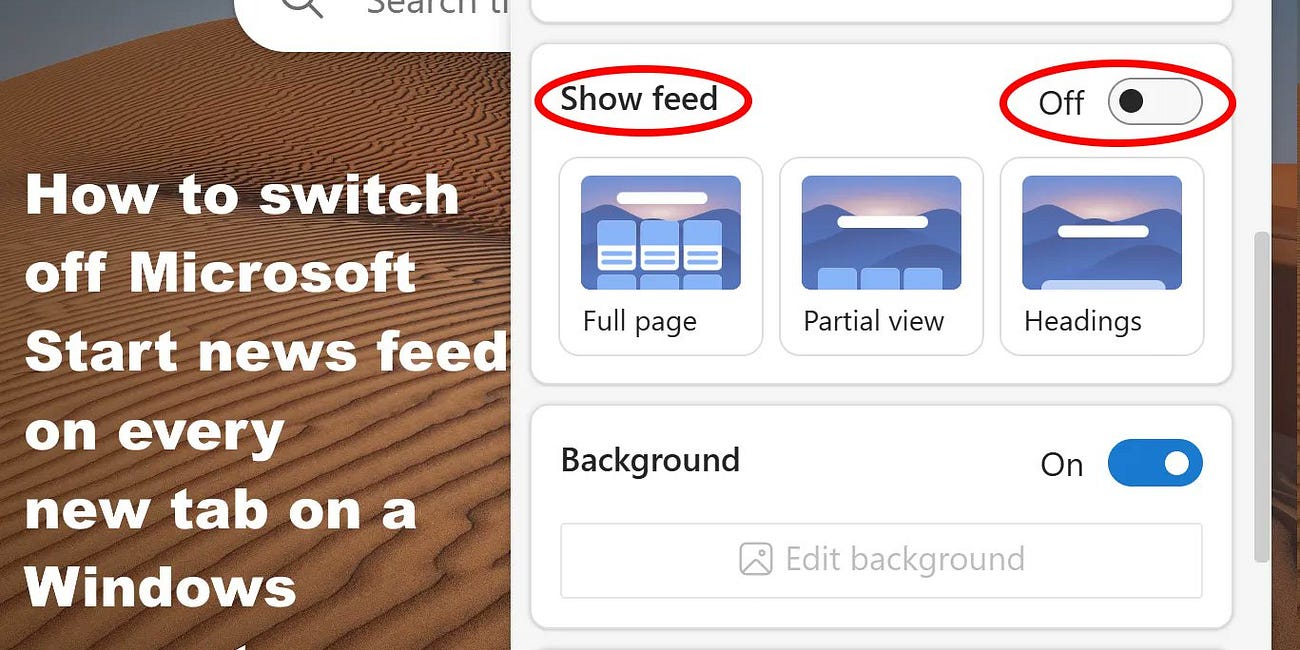 How to switch off the Microsoft Start news feed on every new tab on a Windows computer