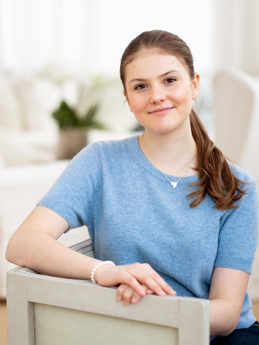 Princess Estelle smiling wearing a blue t-shirt Princess Estelle smiling wearing a blue t-shirt
