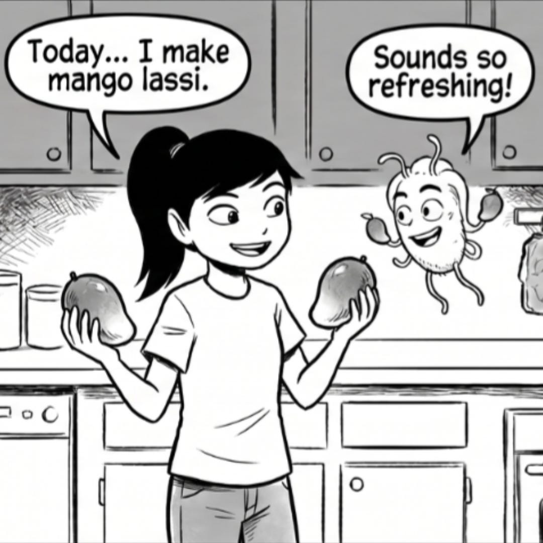 Zara excitedly makes an ultra-thick mango lassi while Omie watches and wonders whats happening with the blender. Zara excitedly makes an ultra-thick mango lassi while Omie watches and wonders whats happening with the blender.