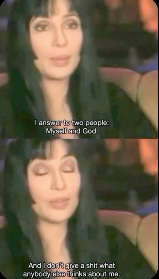 This may contain: an image of a woman with long hair saying, i answer to two people myspace and god