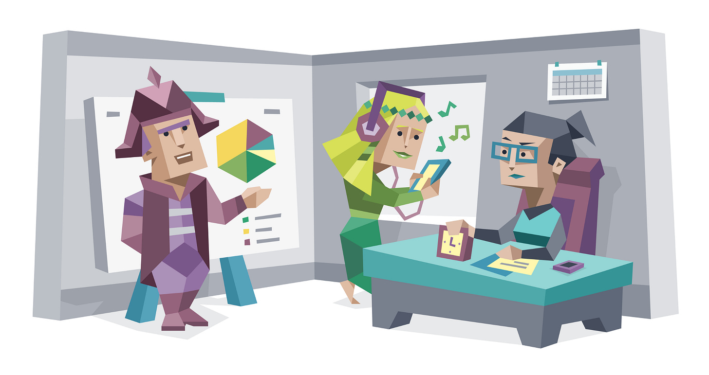 An ENTJ (Commander) presents a chart to the team while an INFP (Mediator) listens to music on headphones and looks at a phone, as an ESTJ (Executive) works at a desk with a mug and paperwork nearby.