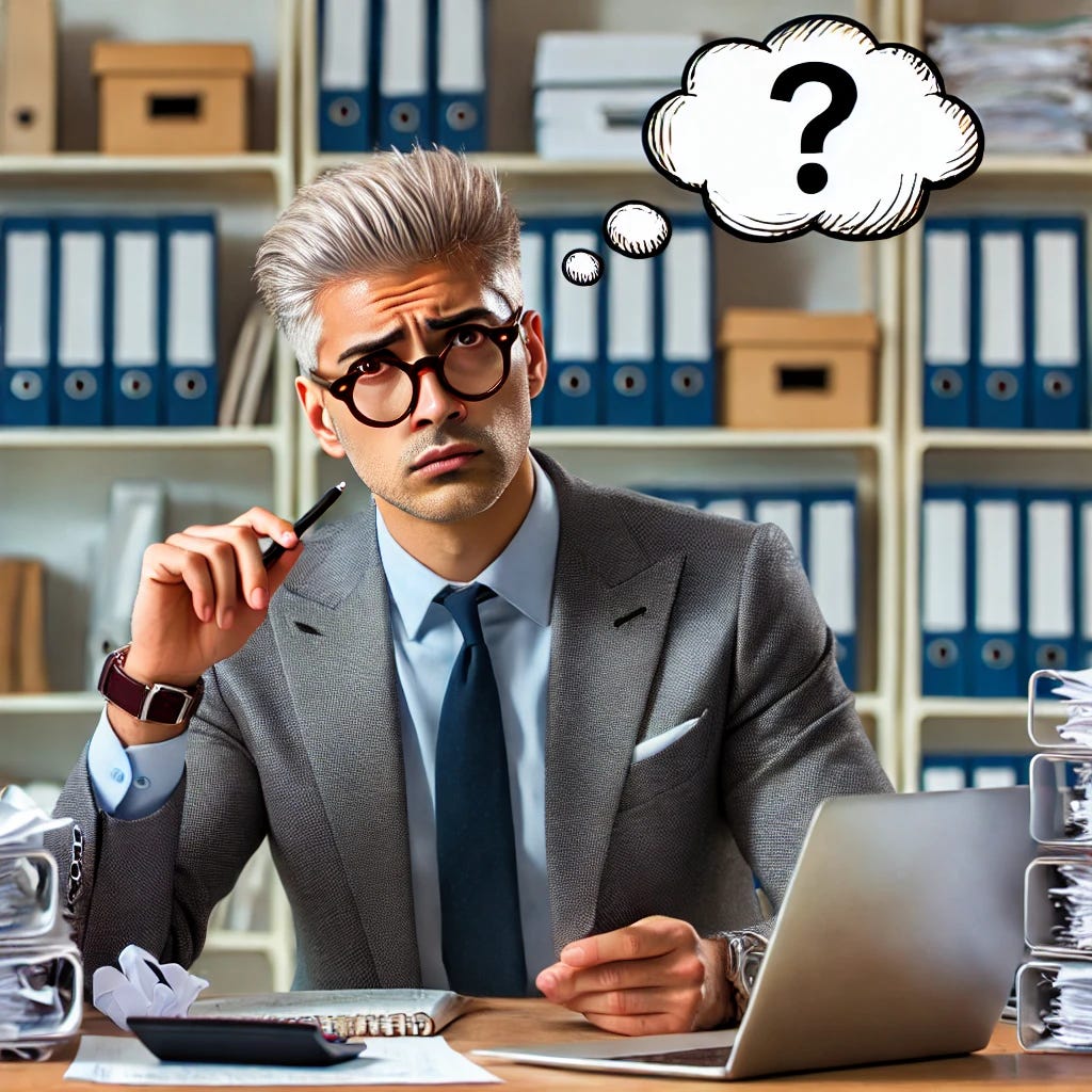 A tax professional in their mid-40s with platinum hair and tortoise shell glasses, sitting at a desk cluttered with documents and a laptop, looking puzzled. The professional is wearing a business suit and has a notepad and pen in hand. The background shows shelves filled with tax and accounting books. A thought bubble above their head contains a question mark.