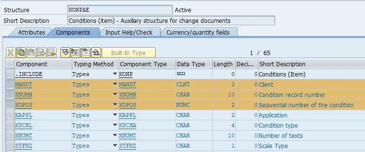 Price conditions items master data structure KONPAE with key fields client, condition record number and sequential number of the condition highlighted. Price conditions items master data structure KONPAE with key fields client, condition record number and sequential number of the condition highlighted.