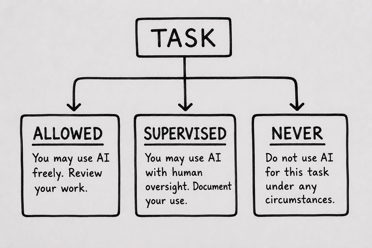 Hand-drawn black marker flowchart showing a single "TASK" box at the top branching down into three labeled outcome boxes: "ALLOWED" (use AI freely, review your work), "SUPERVISED" (use AI with human oversight, document your use), and "NEVER" (do not use AI for this task under any circumstances). Illustrates the three-zone Vetoprint framework from Nick Quick's piece on AI workflow boundaries, human-in-the-loop policy, and creator AI governance for content publishing. Hand-drawn black marker flowchart showing a single "TASK" box at the top branching down into three labeled outcome boxes: "ALLOWED" (use AI freely, review your work), "SUPERVISED" (use AI with human oversight, document your use), and "NEVER" (do not use AI for this task under any circumstances). Illustrates the three-zone Vetoprint framework from Nick Quick's piece on AI workflow boundaries, human-in-the-loop policy, and creator AI governance for content publishing.