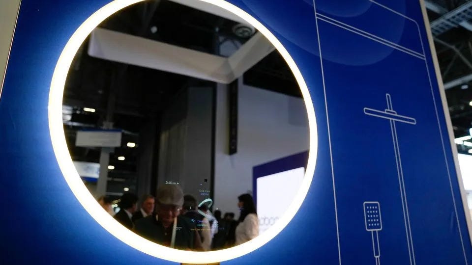 Baracoda's BMind smart mirror is displayed during the CES tech show Wednesday, Jan. 10, 2024, in Las Vegas. The mirror is intended to help users with mental health and can be interacted with using voice commands, gestures, and "intent detection." - Ryan Sun/AP