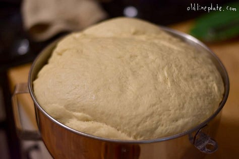 photos of peach cake dough rise and sliced peaches