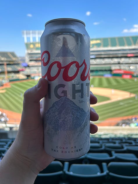 A 3 picture gallery including a large beer held up with the ball game in the background, a person selling snacks in the aisles of the stadium, and the Shibe Park Tavern, a stadium bar at the Oakland Coliseum