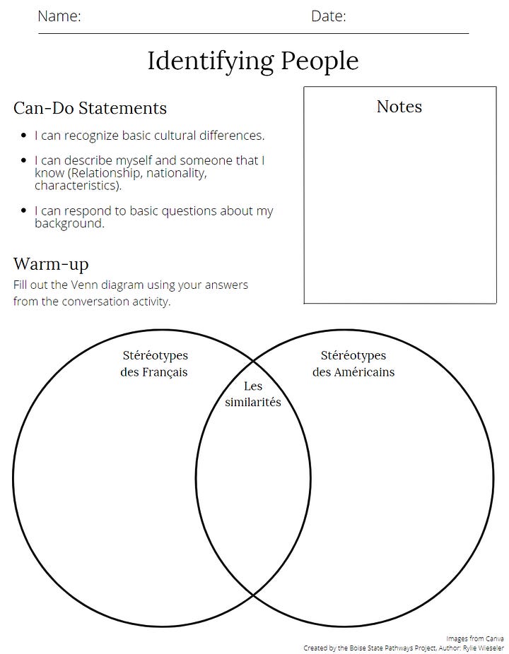 French Level 1 Worksheet