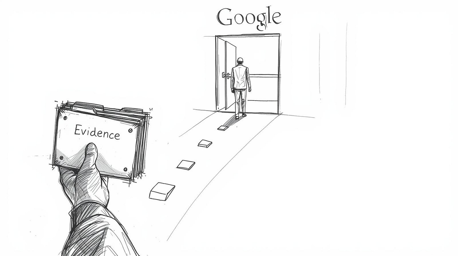 Person with evidence folder following clear path to Google reporting building entrance Person with evidence folder following clear path to Google reporting building entrance