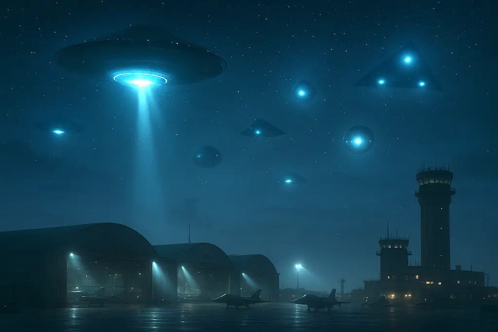 Base aérea militar americana de Wright-Patterson à noite, com múltiplos objetos voadores não identificados de diferentes formas (discos, esferas, triângulos) emitindo luzes azuis e brancas misteriosas, sobrevoando hangares e torres de controle militares.