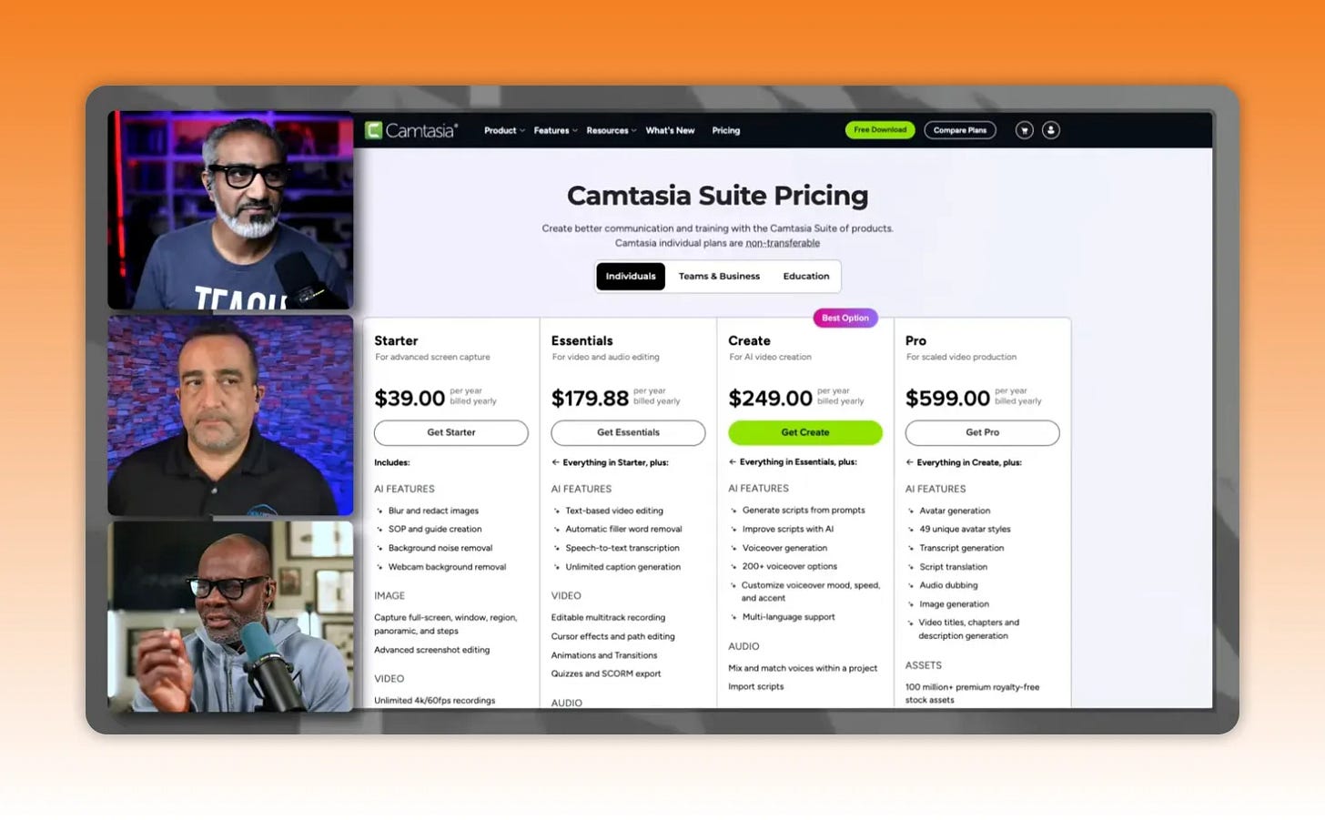 Camtasia Suite pricing page with Pro plan and included features list