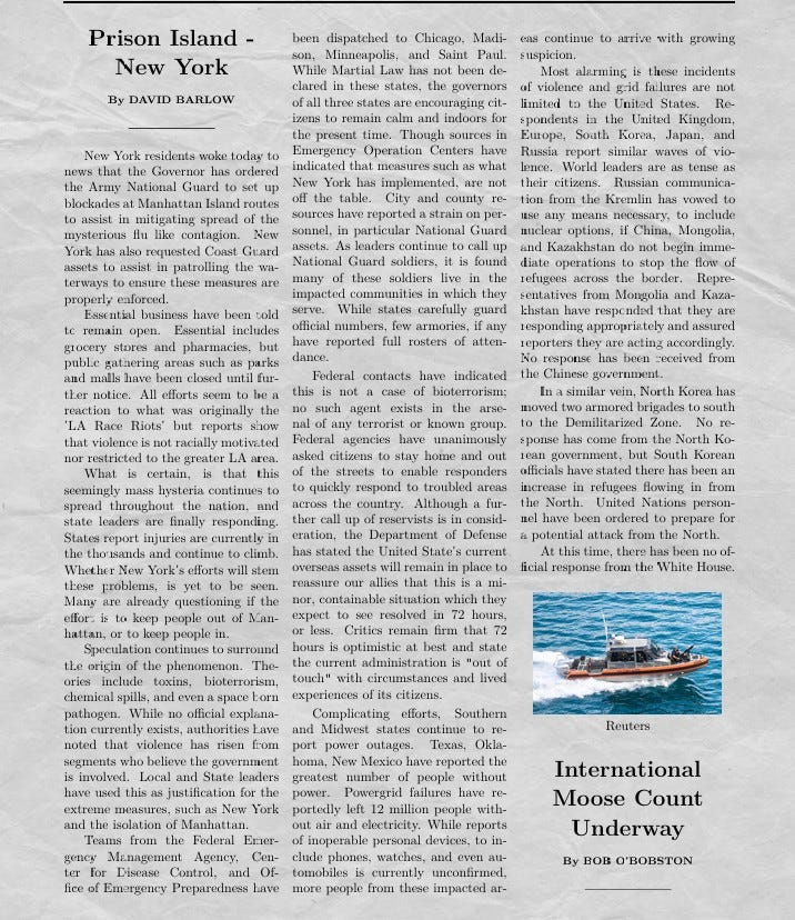 Fictional newspaper clippings for Alone Together
