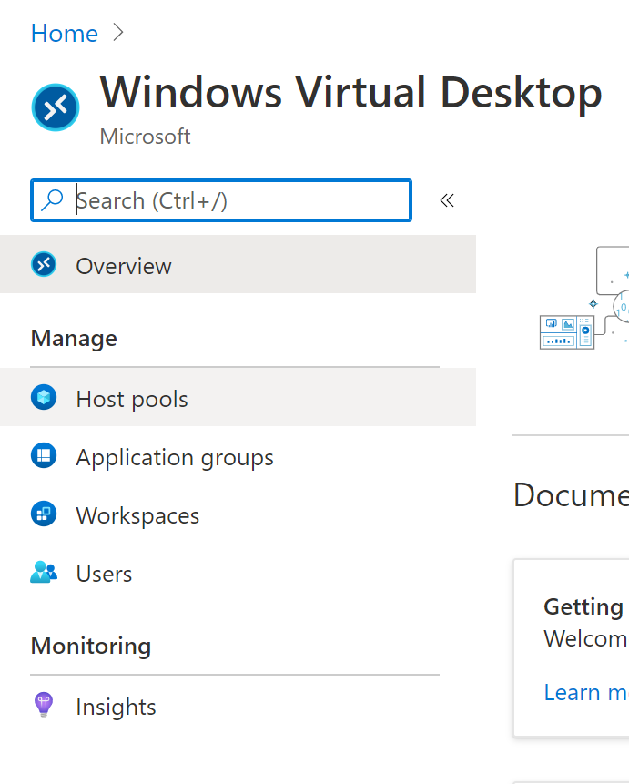 Azure Virtual Desktop Host Pools blade Azure Virtual Desktop Host Pools blade