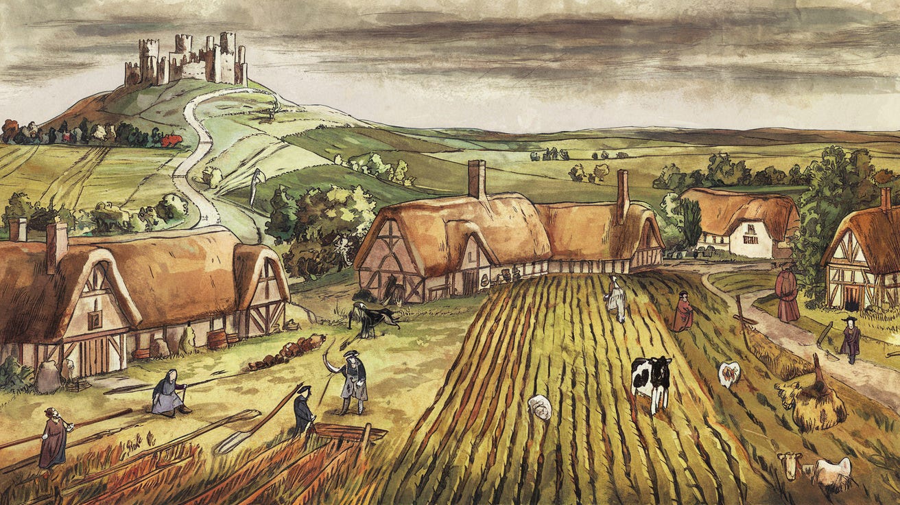 Imagem mostrando uma paisagem rural francesa do século XVIII com camponeses trabalhando em campos agrícolas, casas com telhados de palha e um castelo ao fundo, ilustrando o ideal fisiocrático.