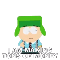 a cartoon character with a green hat and suspenders says i am making tons of money