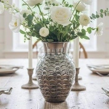 May include: A dining table set for a meal, featuring a silver vase with white flowers, candles, plates, and silverware. The wooden table is surrounded by wooden chairs. The scene is bathed in natural light from a large window.