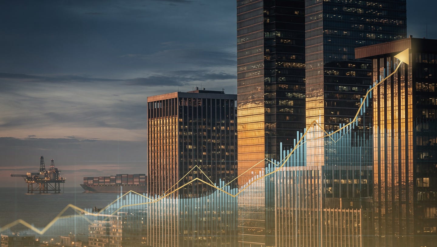 A photorealistic editorial header image for a financial newsletter about global markets and dividend investing. A moody, cinematic view of a modern financial district skyline at dusk, skyscrapers with glass facades reflecting warm golden-hour light. In the foreground, a subtle double exposure or overlay of a rising financial line chart (like a bond yield curve trending upward) glowing softly in blue and gold tones over the skyline. Faint oil rig silhouette and cargo ship visible on the horizon to suggest global trade and energy. Professional, high-end financial photography style, shallow depth of field, dramatic lighting, no visible text, no logos, no brand names, no recognizable real people, 16:9 aspect ratio, ultra-detailed, shot on a full-frame camera, 35mm lens look. A photorealistic editorial header image for a financial newsletter about global markets and dividend investing. A moody, cinematic view of a modern financial district skyline at dusk, skyscrapers with glass facades reflecting warm golden-hour light. In the foreground, a subtle double exposure or overlay of a rising financial line chart (like a bond yield curve trending upward) glowing softly in blue and gold tones over the skyline. Faint oil rig silhouette and cargo ship visible on the horizon to suggest global trade and energy. Professional, high-end financial photography style, shallow depth of field, dramatic lighting, no visible text, no logos, no brand names, no recognizable real people, 16:9 aspect ratio, ultra-detailed, shot on a full-frame camera, 35mm lens look.