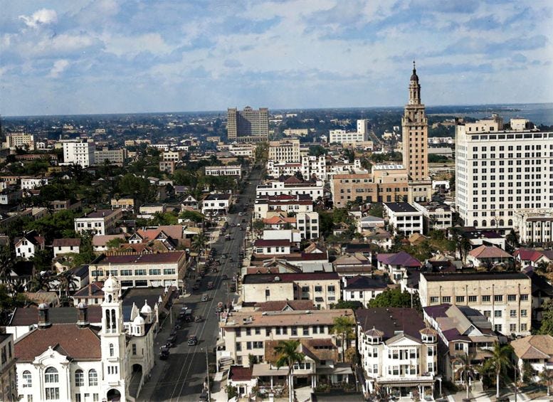 Figure 1: Aerial view of NE Second Avenue in 1935. American Bankers first offices at 345 NE Second Avenue was across the street from the church in the lower left corner. Courtesy of Miami-Dade Public Library, Romer Collection.