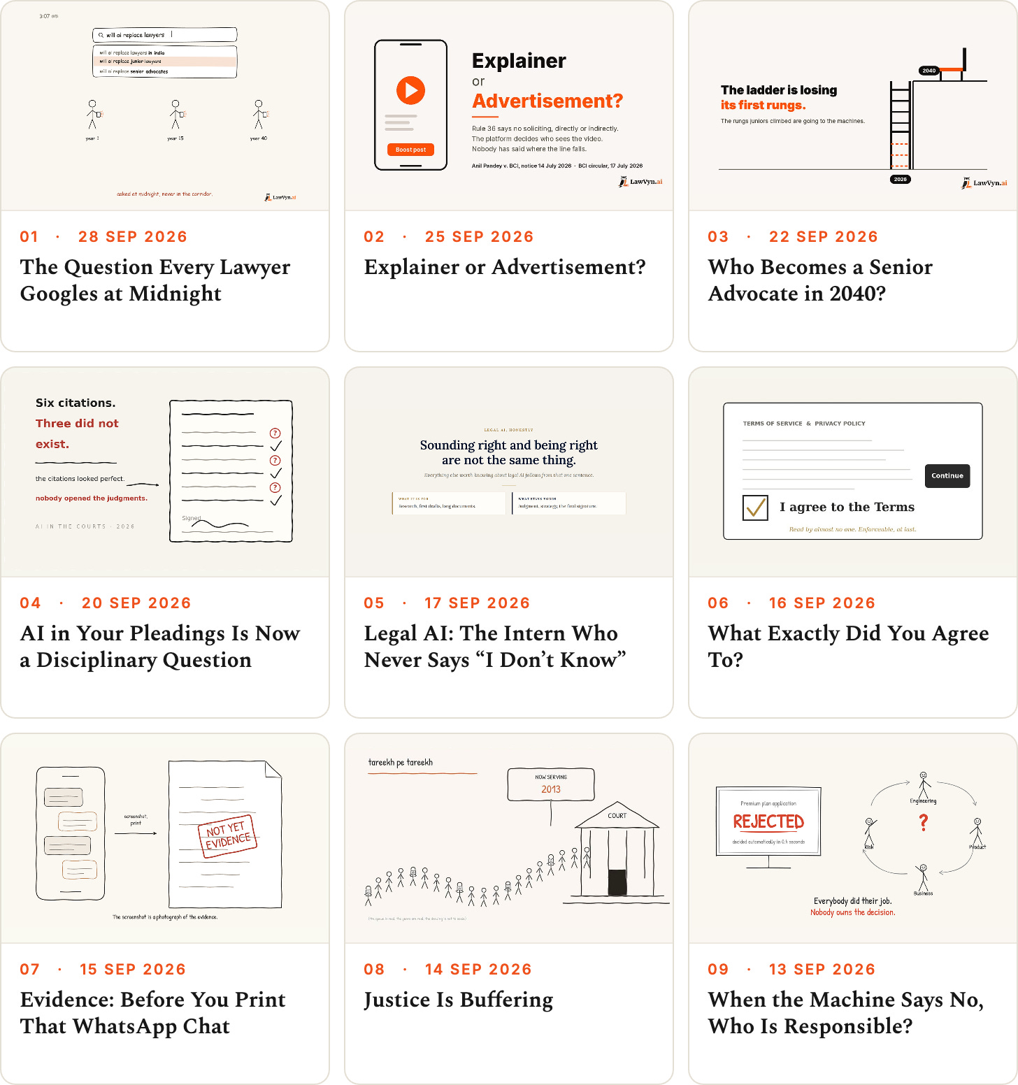 A 3 by 3 grid of the nine most recent posts on this newsletter, newest first