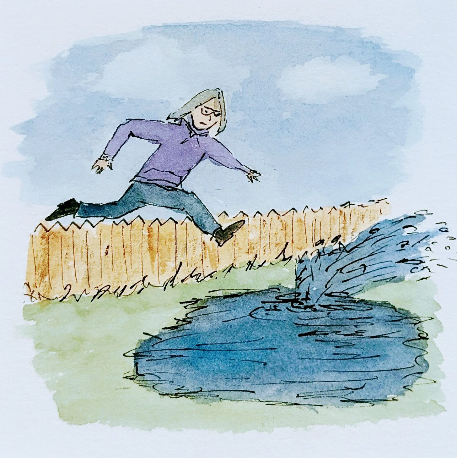 A loose watercolour illustration of a woman mid-leap over a fence toward a burst pipe in the neighbouring garden, water pooling on the ground. Her posture suggests urgency and concern, capturing the instinct to rush in and fix a problem that lies beyond her own space.