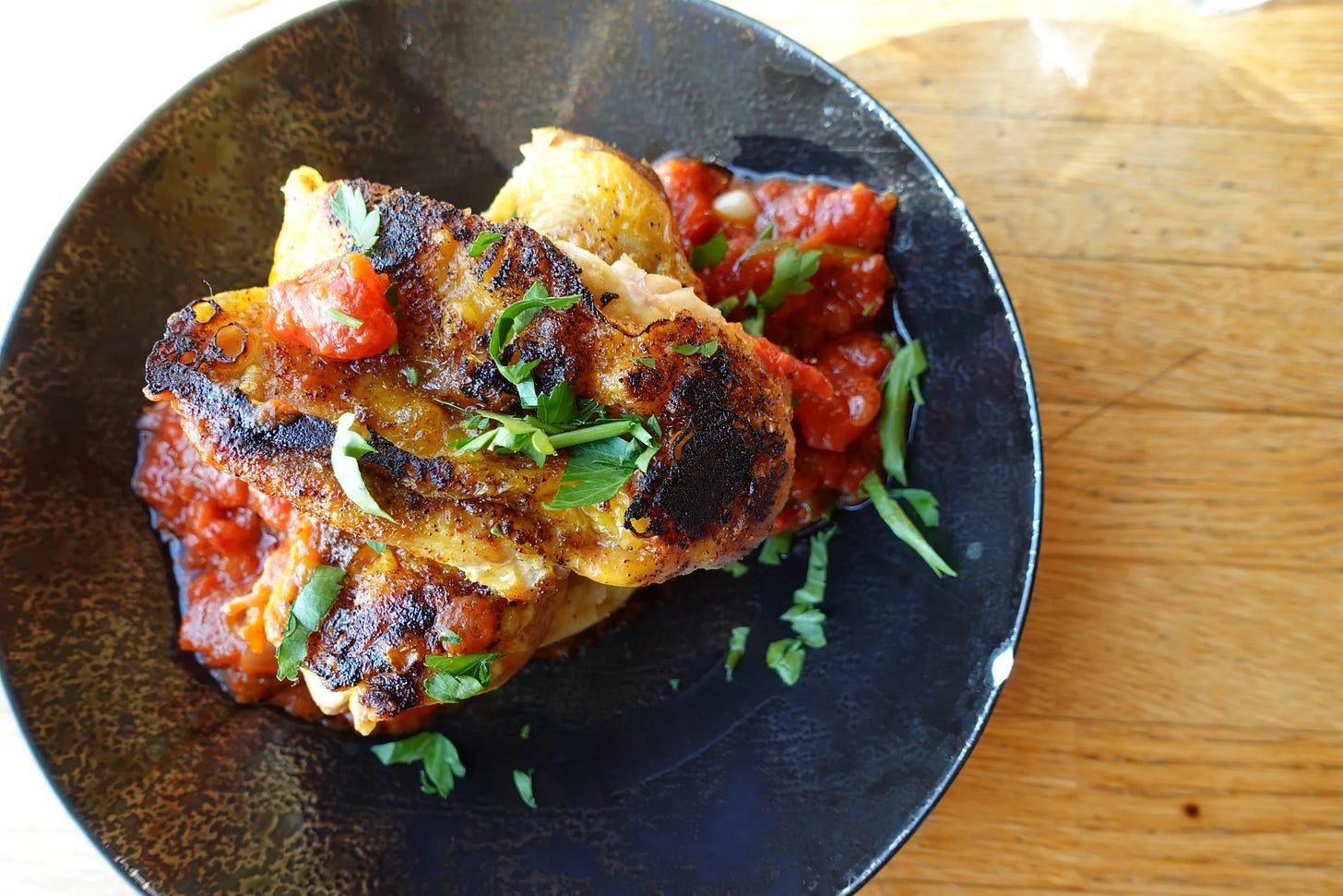  Fabulous cornish chicken on top of mashed potatoes with tomato sauce at Le Bazacle, Toulouse, France 