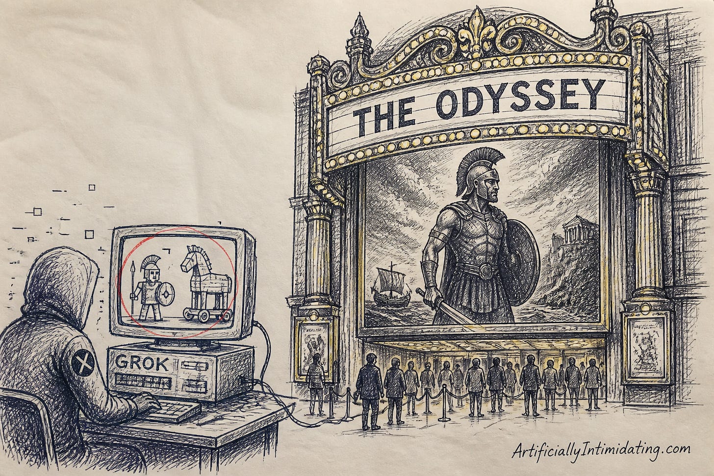 Editorial cartoon: a Grok computer cranks out a cheap blocky AI Greek warrior, dwarfed by a grand cinema marquee reading THE ODYSSEY with a majestic epic poster. Editorial cartoon: a Grok computer cranks out a cheap blocky AI Greek warrior, dwarfed by a grand cinema marquee reading THE ODYSSEY with a majestic epic poster.