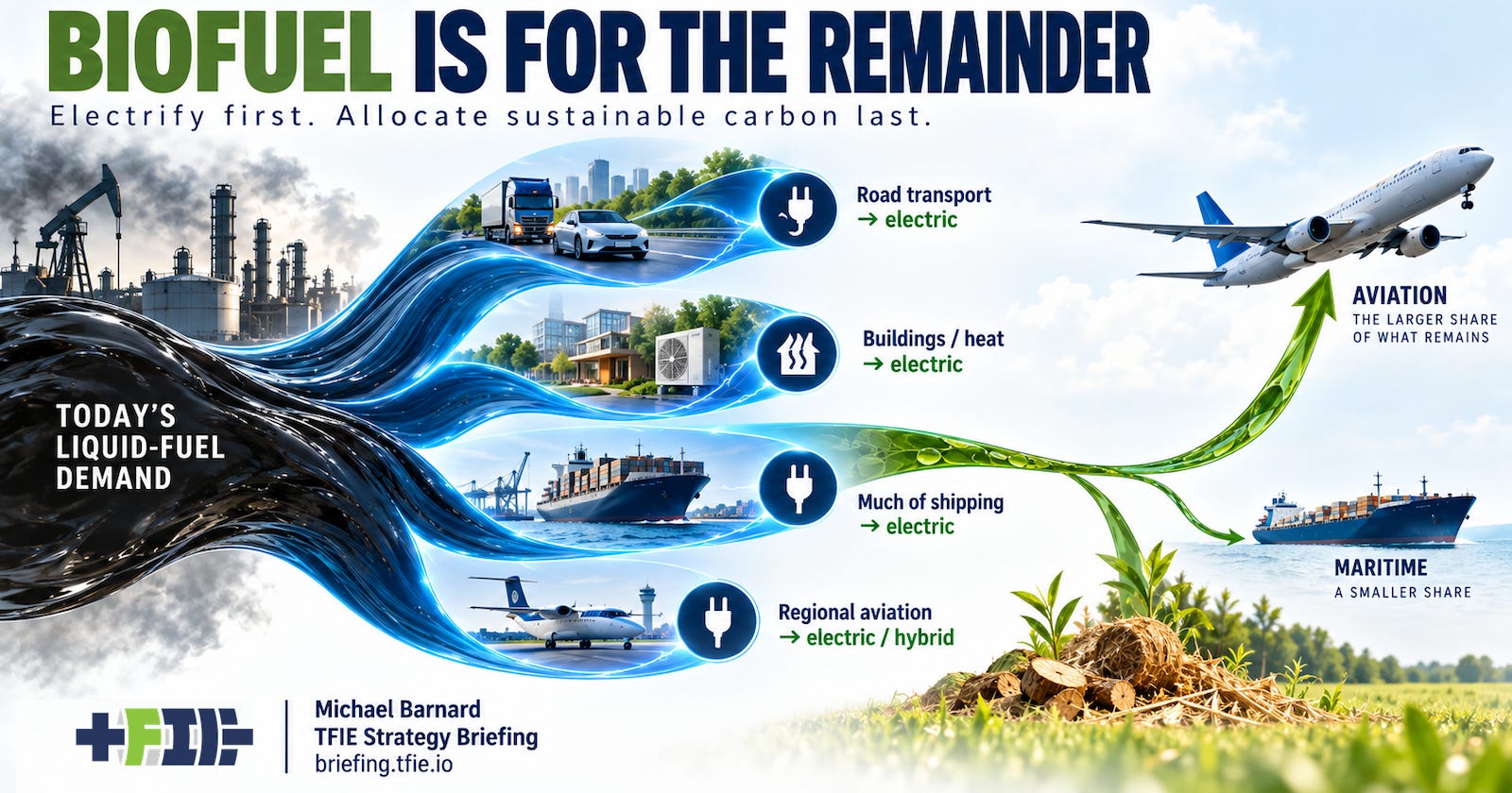 Editorial illustration showing today’s broad liquid-fuel demand splitting into large electric pathways for road transport, buildings and heat, much of shipping, and regional aviation. A much narrower sustainable-biofuel stream remains for long-haul aviation and a smaller maritime liquid-fuel requirement. TFIE Strategy Briefing branding appears at lower left.