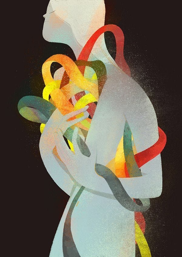 This may contain: an abstract painting of a woman holding a vase with flowers in her hands, on a black background This may contain: an abstract painting of a woman holding a vase with flowers in her hands, on a black background