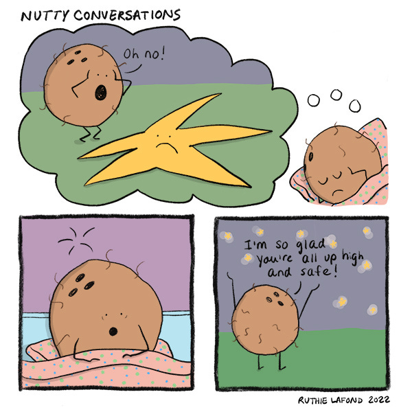 Coconut has a dream about a star falling out of the sky. "Oh no!" he wakes up and goes outside and looks at the stars. "I'm so glad you're all up high and safe!"