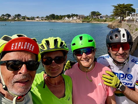 A collection of nine photos taken in Brittany, featuring a group of four friends on a hike and eight scenic coastal landscapes, including lighthouses, cliffs, boats, and traditional villages under varied summer light
