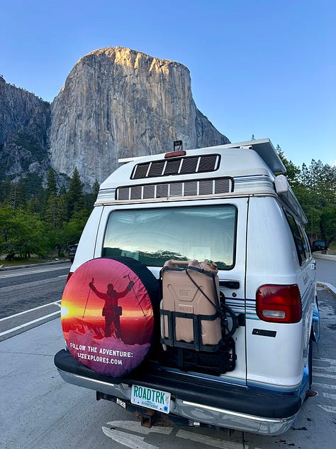 Yosemite Valley, Half Dome, El Capitan, Vernal and Nevada Falls, Bridal Veil Falls, campground with Liz and dogs