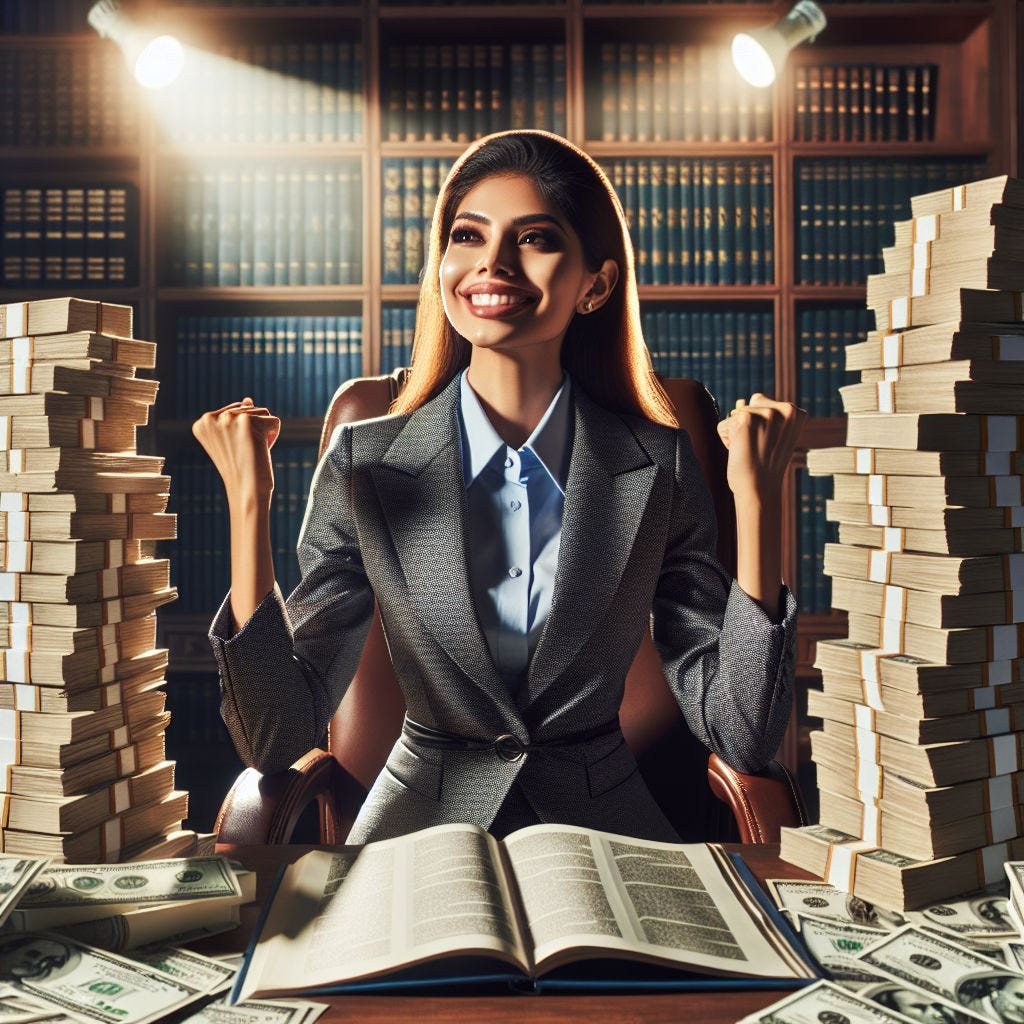 a successful worker surrounded by piles of cash and piles of books