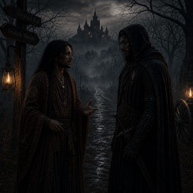 Arturi Radanovich, a haunted Vistani man, speaking with Fleetwood, a brooding knight, along the old Svalich Road; dusk mist curling through dead trees; lantern glow catching their cloaks; somber Barovian Gothic atmosphere