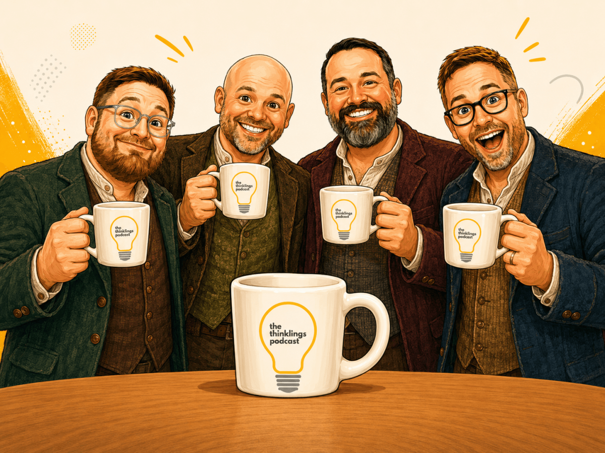The Thinklings holding Thinklings diner mugs The Thinklings holding Thinklings diner mugs